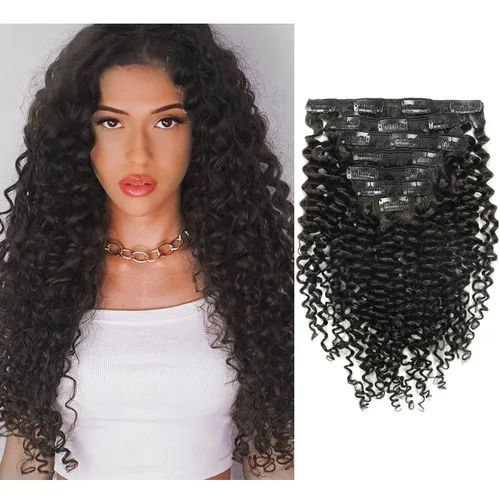 Vista 18 de Caliee Jerry Curly Clip in Exrensions Human Hair 12 Inch Natural Black 120g 7Pcs 3B 3C Natural Black 100% Real Human Hair Extensions Curly Clip in