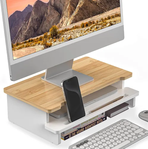 Vista 8 de Soporte elevador de monitor para escritorio, estante de escritorio de madera, organizador de almacenamiento con soporte para teléfono y tableta