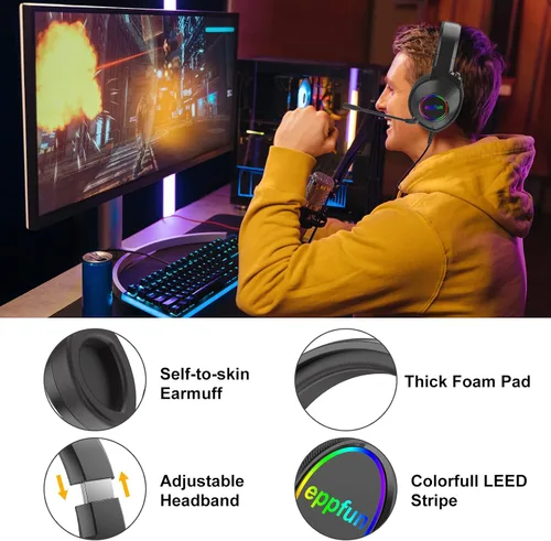 Vista 5 de eppfun Auriculares USB para juegos, auriculares con cable sobre la oreja con micrófono con cancelación de ruido, sonido envolvente 7.1, luces RGB