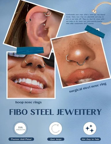 Vista 22 de FIBO STEEL - 5 piezas de acero inoxidable, 18G a 22G, joyería corporal, piercing de nariz para mujer
