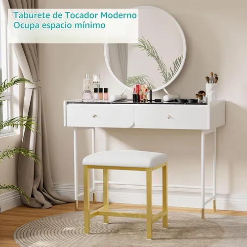 Vista 3 de Pequeño Taburete de Tocador, Lindos Taburetes de Tocador con Cojín, Silla de Tocador Blanca y Dorada para Espacios Pequeños, Sala de Estar Oro