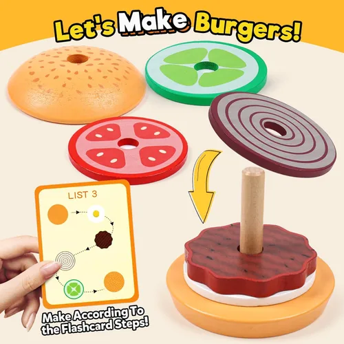 Vista 3 de Kizh Juguete apilable de madera para clasificar hamburguesas para niños pequeños, juguetes educativos Montessori de motricidad fina para niños