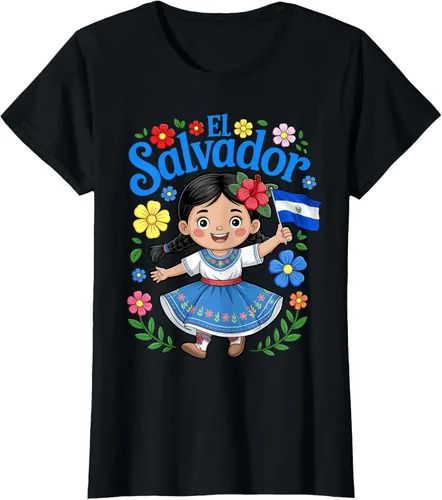 Vista 44 de Camiseta de estilo tradicional floral para niña con la bandera de El Salvador