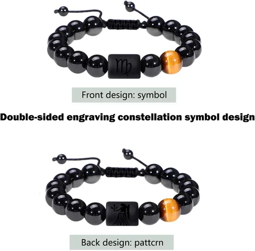 Vista 2 de Pulsera del zodiaco para hombres y mujeres, 0.315 pulgadas, 0.394 pulgadas, piedra blancanegra, bendición de la suerte, con cuentas, signo