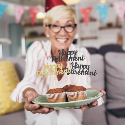 Vista 5 de 36 piezas de adornos oficiales para cupcakes de jubilación con purpurina para jubilados, decoración de pasteles para fiestas temáticas de despedida
