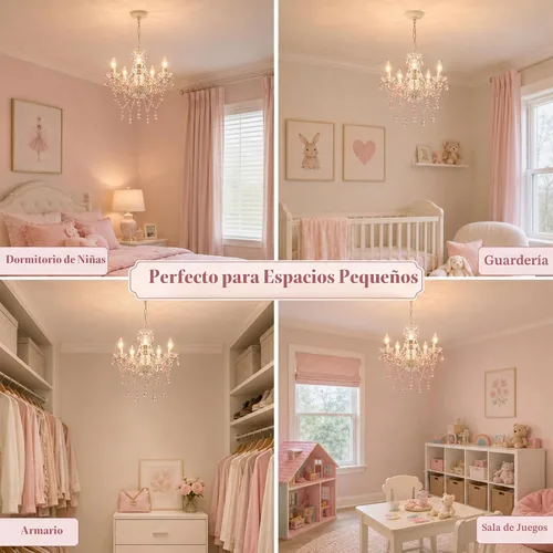 Vista 3 de Lámpara pequeña rosa y blanca para dormitorio de niñas, lámpara de techo moderna de cristal acrílico de 5 luces, mini candelabro para habitación