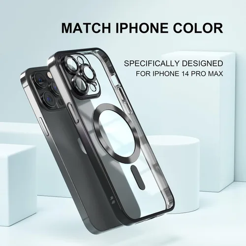 Vista 7 de Misea Funda magnética transparente para iPhone 14 Pro Max [compatible con MagSafe] [Nunca amarilla] [Protección contra caídas de grado militar] Negro