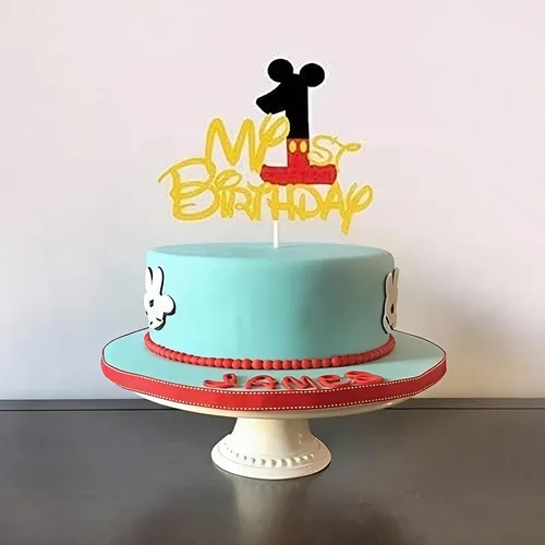 Vista 4 de Decoración de pastel de cumpleaños con purpurina dorada, tema de ratón, decoración de pastel de primer cumpleaños, decoración de fiesta de un año