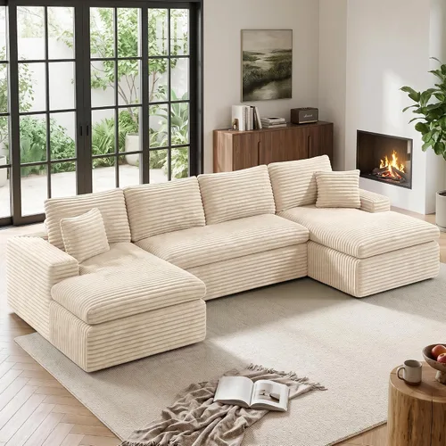 Vista 20 de Sofá modular sin hueso de nube de 112 pulgadas en forma de L, moderno sofá modular con cojín en capas, sofás de pana convertibles sin montaje