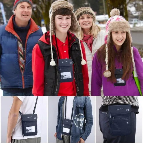 Vista 6 de Cartera de viaje, bolsa para el cuello con RFID impermeable multifuncional organizador de documentos, diseño de ventana visual, cartera de viaje