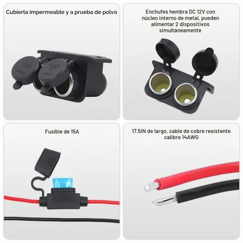 Vista 3 de Enchufe del encendedor de cigarrillos DC 12V con fusible de hoja 15A 2 Socket Cigarette Lighter Splitter Female, Power Outlet Waterproof Cable