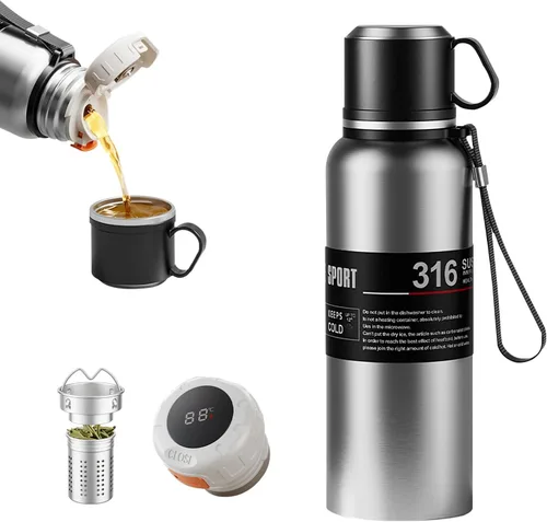 Vista 9 de Botella de agua aislada de boca ancha de acero inoxidable a prueba de fugas al vacío de doble pared, vaso de té con infusor, taza, tapa; termos