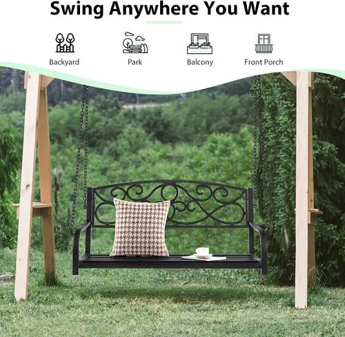 Vista 6 de Giantex Columpios de metal para porche, banco de jardín colgante para 2 personas al aire libre con cadenas resistentes, asiento ancho y reposabrazos
