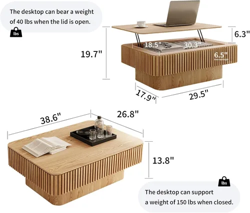 Vista 2 de LKTART Mesa de Centro con Tapa Elevable para Sala de Estar, Mesa de Centro Acanalada de Acento con Almacenamiento, Mesa de Té Central Rectangular