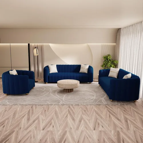 Vista 21 de Moderno juego de sofá de terciopelo negro de 3 piezas para sala de estar, juego de sofá curvado acolchado con patas de esfera de metal dorado