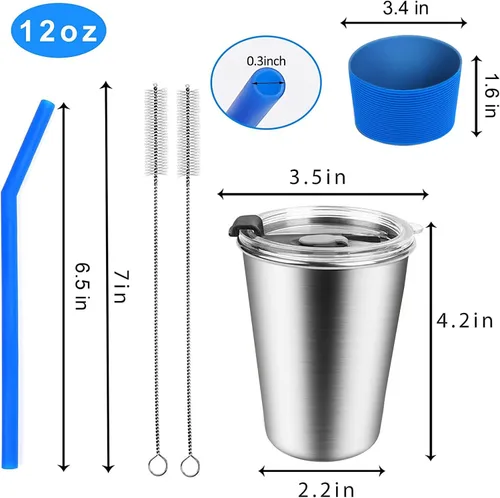 Vista 2 de ShineMe Vasos para niños con pajitas y tapas, 12 onzas, a prueba de derrames, con mangas, vaso de agua reutilizable para bebidas frías y calientes