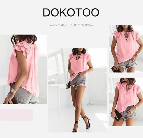 Vista 4 de Dokotto - Blusas informales con cuello en V para mujer, diseño de manga corta, con cordón ajustable