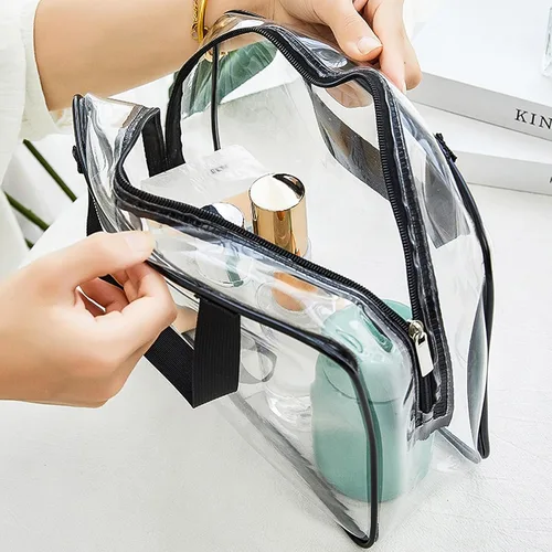 Vista 5 de APREUTY Bolsas de maquillaje transparentes, aprobadas por la TSA, juego de 3 bolsas de maquillaje grandes de PVC transparente con asa de cremallera