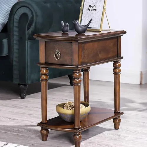 Vista 9 de Mesa auxiliar de sofá, mesa auxiliar de madera, mesa auxiliar estrecha con estante de almacenamiento abierto y cajón, mesa auxiliar rectangular