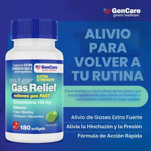 Vista 2 de GenCare - Alivio para los gases de fuerza extra, simeticona 125 mg (180 cápsulas blandas) Pastillas antigás de máxima fuerza para el alivio