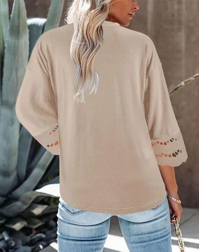 Vista 2 de Yuccalley Camisetas de verano con manga de encaje 34 para mujer, estilo casual, cuello redondo, ajuste holgado