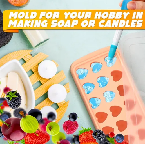 Vista 8 de Bandeja para cubitos de hielo con tapa – Molde de silicona de 24 cavidades para forma de corazón y dulces – Moldes flexibles, resistentes al calor e