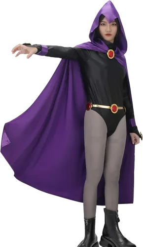 Vista 3 de Disfraz de cuervo para mujer, overol negro con capa morada con capucha, capa y cinturón, traje de Halloween, fiesta de cosplay