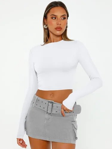 Vista 2 de Trendy Queen Camisetas cortas de manga larga para mujer, camisetas básicas Blanco