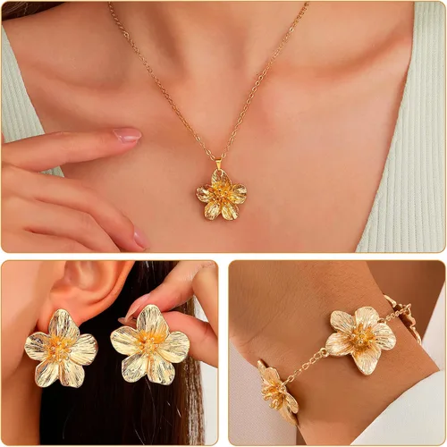 Vista 3 de Juego de joyas de flores doradas para mujer, delicado collar de flores doradas, aretes de flores bohemios para mujer, regalos de joyería floral
