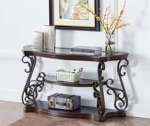 Vista 13 de Mesa consola moderna de cristal, mesa de sofá dorada de 55 pulgadas con marco de metal resistente y parte superior de vidrio templado negro