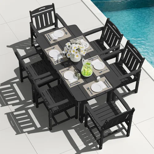 Vista 20 de Mesa de comedor rectangular para exteriores, mesa de polietileno de alta densidad resistente para 6, mesa de patio resistente a la intemperie