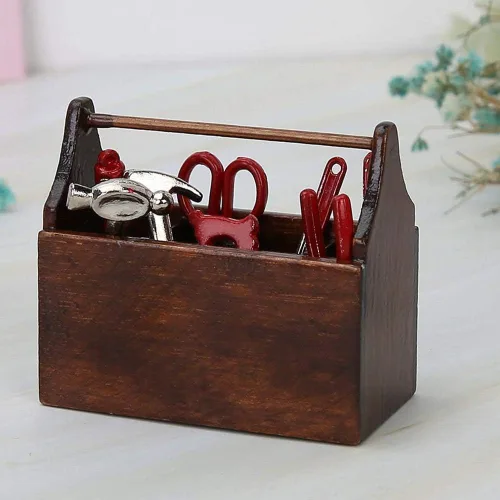 Vista 5 de eecoo - Caja de herramientas para casa de muñecas, caja de herramientas en miniatura de madera, modelo para casa de muñecas 1/12, accesorios con 8
