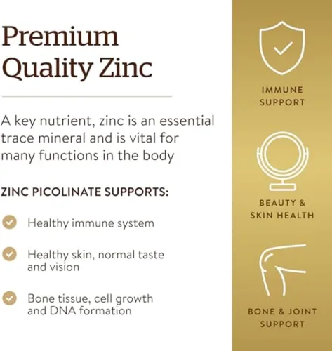 Vista 8 de Solgar Picolinato de zinc de 22 mg, 100 tabletas - Promueve una piel saludable - Apoya el sistema inmunológico, el sabor y la visión normales