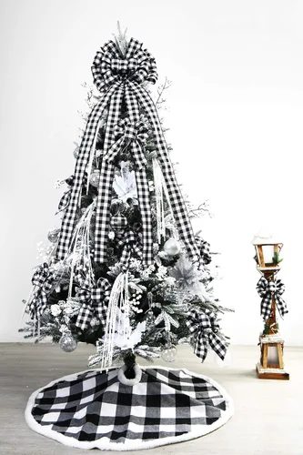 Vista 5 de Adorno para árbol de Navidad a cuadros, lazo grande de 48 x 13 pulgadas, lazos decorativos de búfalo en blanco y negro para la decoración de Navidad