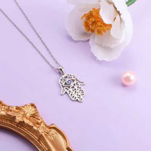 Vista 2 de Hamsa Hand of Fatima Pendant Necklace 925 Sterling Silver Hamsa Evil Eye Filigree Good Luck Amulet Necklaces Jewelry Gifts for Women Teens