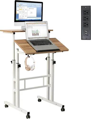 Vista 14 de Hadulcet Escritorio móvil de pie con estación de carga, escritorio ajustable para computadora de pie, carrito ajustable para laptop con ruedas