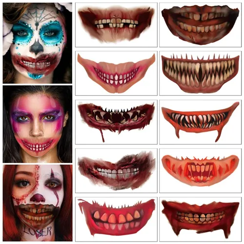 Vista 4 de Tatuajes temporales de Halloween, calcomanías de boca de terror de payaso de Halloween, calcomanías faciales, tatuajes falsos de dibujos animados
