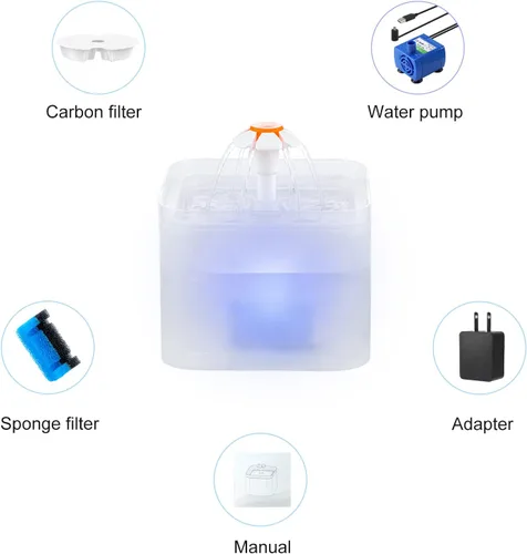 Vista 7 de Fuente de agua para gatos con 4 filtros y 4 esponjas, fuente de agua automática para gatos de 67 oz/2 litros, dispensador de agua para mascotas