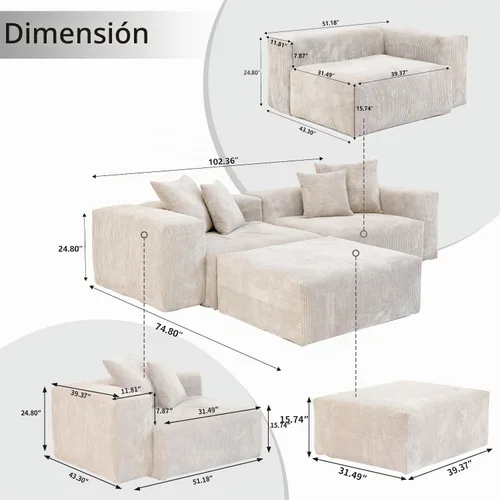 Vista 2 de WJShome Cloud Couch - Sofá seccional en forma de L de 102 pulgadas con otomana, sofá de pana de 3 plazas, sofá modular convertible para sala