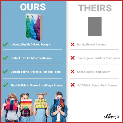 Vista 6 de Paquete de 6 fundas elásticas para libros fáciles de aplicar. 3 chaquetas grandes sólidas y 3 diseños para libros de texto de tapa dura de hasta 9 x