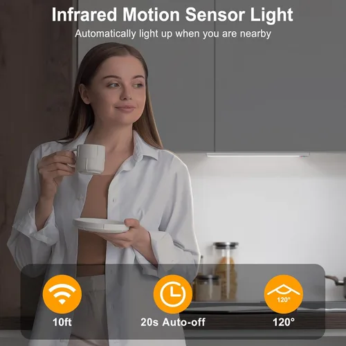 Vista 3 de BLS Luces para debajo del gabinete, 46 luces LED a batería con sensor de movimiento para interiores, luces de armario recargables USB C con sensor