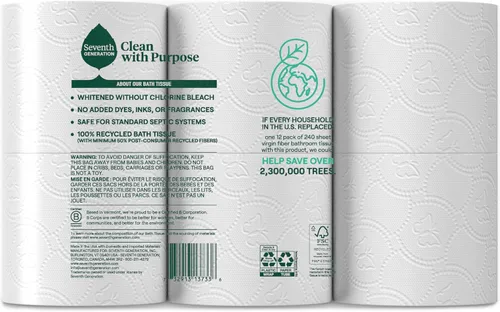 Vista 2 de Seventh Generation Papel higiénico, 100494_4pk, 1, 4 240 Sheets Per Roll, Extra Soft & Strong for Home & RV, Whitened without Chlorine Bleach, No