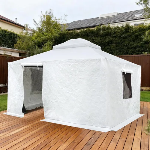 Vista 9 de Domi 2,44 m x 2,44 m Funda Universal de Invierno para Cenadores con Techo Rígido, Cubierta Exterior Impermeable con Paredes Laterales y Ventanas