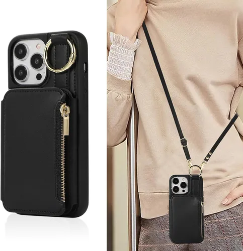 Vista 3 de UEEBAI Funda tipo cartera cruzada para iPhone 13 Pro Max de 6.7 pulgadas, tarjetero con función atril y bloqueo RFID, funda de piel sintética