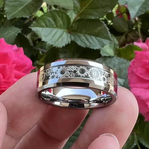 Vista 4 de Wow Jewelers - Anillo de tungsteno de 6 mm y 8 mm color negro, plateado, rojo y azul para hombres y mujeres, anillos de matrimonio estilo Steampunk