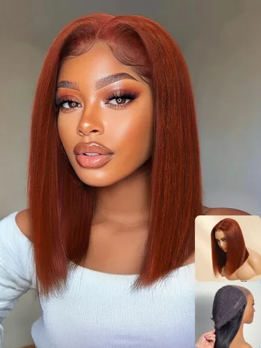 Vista 28 de Nadula Yaki - Peluca de cabello humano lacio estilo Bob con cordón y capas de enmarcar la cara, densidad del 180%, sin pegamento, 7x5 Bye Bye Knots