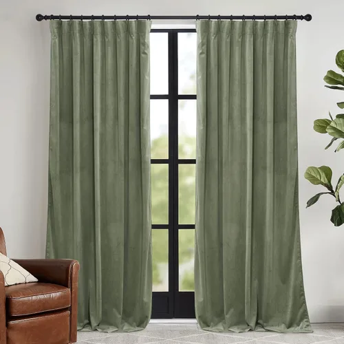 Vista 17 de RYB HOME Cortinas elegantes de terciopelo verde de 63 pulgadas de largo, bloqueo de luz, aislamiento térmico, elegantes cortinas de terciopelo