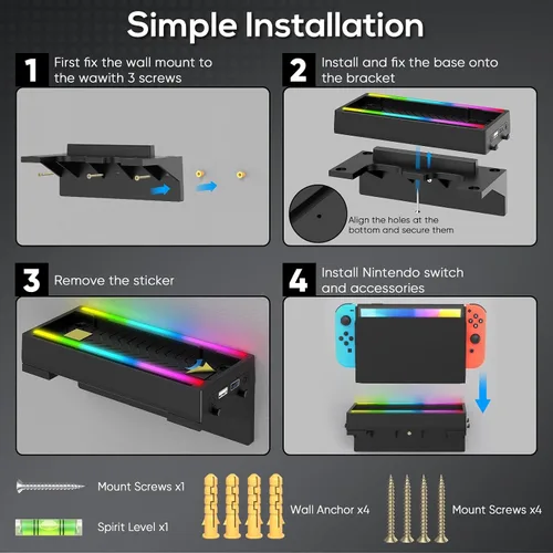 Vista 3 de Switch Wall Mount for Nintendo Switch and Switch OLED,Game Holder Stand with RGB Light,Console Shelf for Charging Dock,7 Game Card,4 Controller