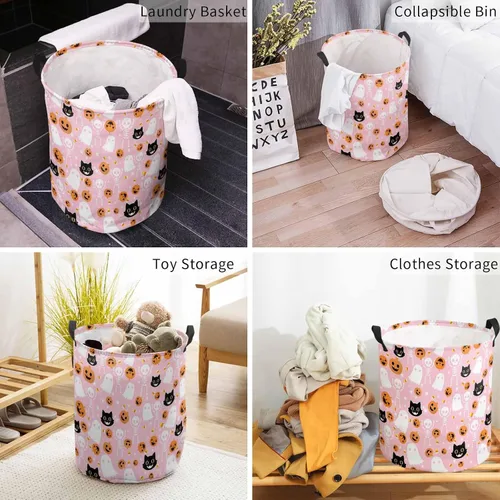 Vista 4 de Cesta de lavandería rosa para Halloween, bolsa plegable con asas fáciles de transportar, pequeña cesta plegable independiente, plegable, Blanco
