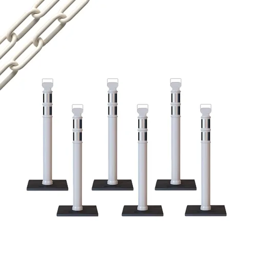 Vista 27 de CCW 6-Pack 45" Delineador Post Kit Kit de 3.0 in collares reflectantes, base de goma de 10 lb (6 postes blancos con cadena negra de 50 pies)